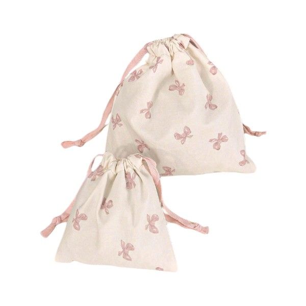 2 Piece- Multi-Purpose Pink Bow Print Travel Drawstring Storage Bags -White