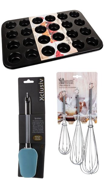 Non Stick Mini Cup Cake 24 Cup + Silicone Spatula + 3pc Whisk 30, 25 &amp; 20cm