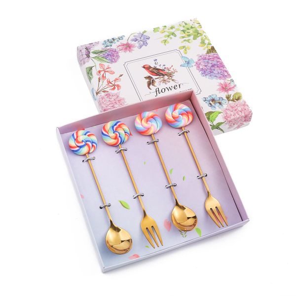 4 Pieces Stainless Steel Lollipop Stirring Coffee Tea Spoon Dessert Fork Set