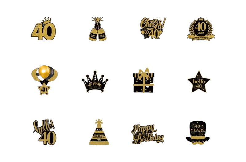 12 Pack - Sparkling 40th Birthday Cupcake Toppers - Black/Gold