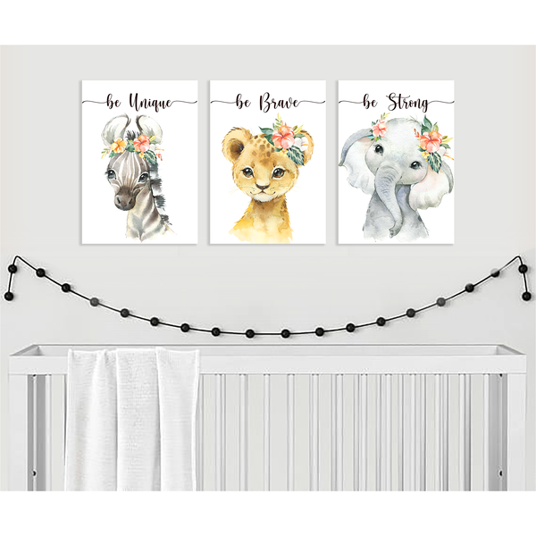 Floral Safari Animals - A2 - Canvas (3.5cm ) -Set Of 3
