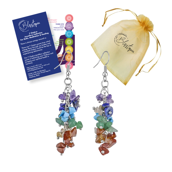 Blisstopia 7 Chakra Earrings - Waterfall Natural Crystals with Card &amp; Bag