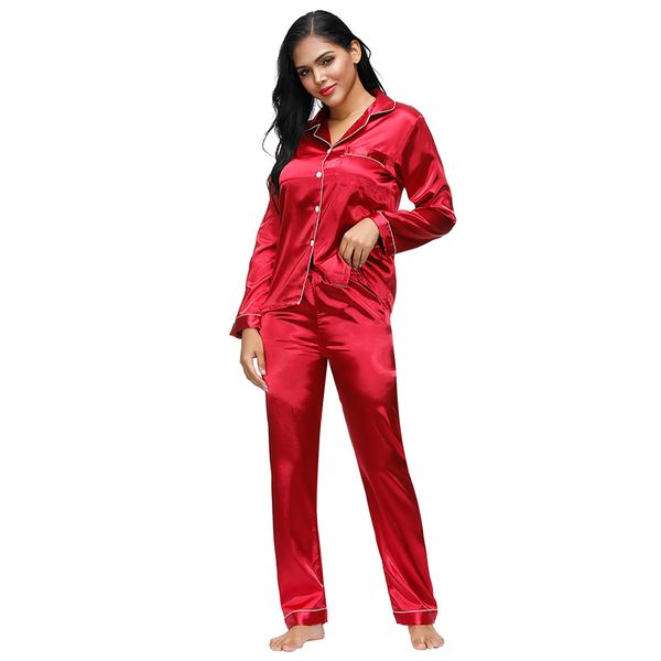 Edendiva's Wine Red Long Sleeve Silk Pajamas Set Two Piece Set