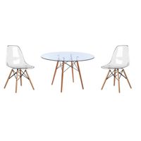 3 Piece Glass Table and Clear Wooden Leg Chairs