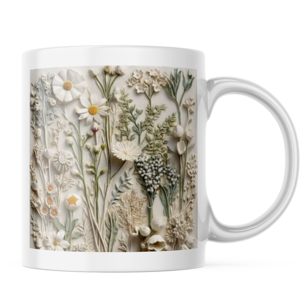 Ceramic 3D Garden Flower Mug - White - 11 OZ