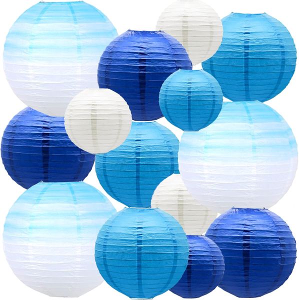 14 Piece Paper Lanterns, Outdoor Gradient Colorful Blue Round Paper Lanterns