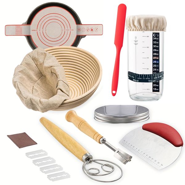 9-piece Bread Starter Jar Proofing Basket Sourdough Baking Set Bowl Tool Kit