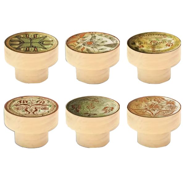 Decor Elegant Wooden Cabinet Doorknobs With Floral Pattern 6 Pieces - 4cm