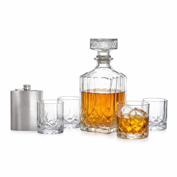 Whiskey Decanter Set with 4 Glasses 900ml &amp; Hip Flask 200ml
