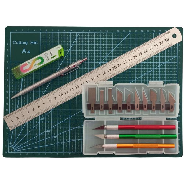 Craft Kit A4 Cutting Mat, 3 Blade Handle Set, Clutch Pencil and Ruler