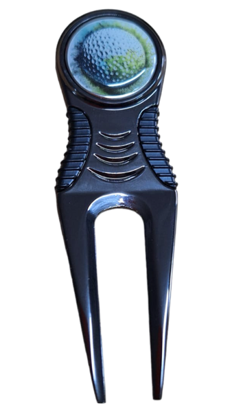 Metal Divot Repair Tool with Magnetic Ball Marker - Black and White