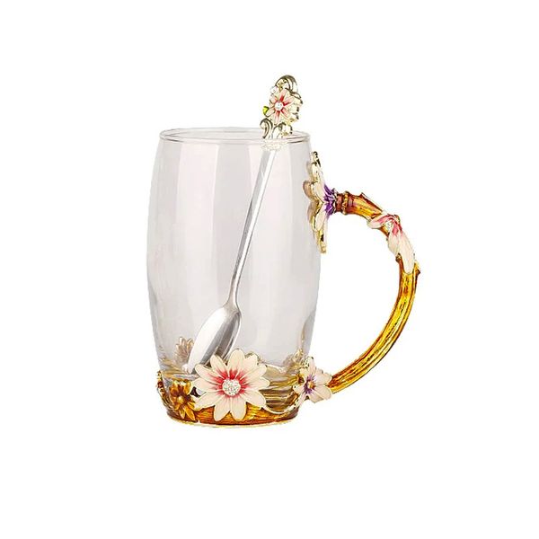 Enamel Daisy Flower Drinking Cups Glassess Tea Mug with Spoon Set