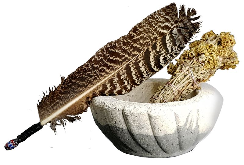 Cement Smudge Bowl and Imphepo Smudge Wand - Smoke Feather Fan - Grey