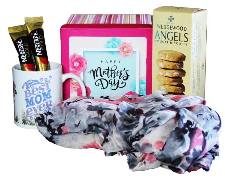 Happy Mother's day, Scarf, Mug, Coffee, And Biscuit Gift Box