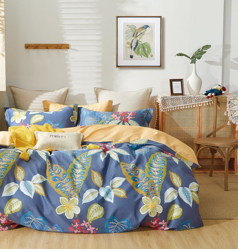 Linen Boutique Duvet Cover 200 TC 4 Piece Set Leaves OrangeBlue