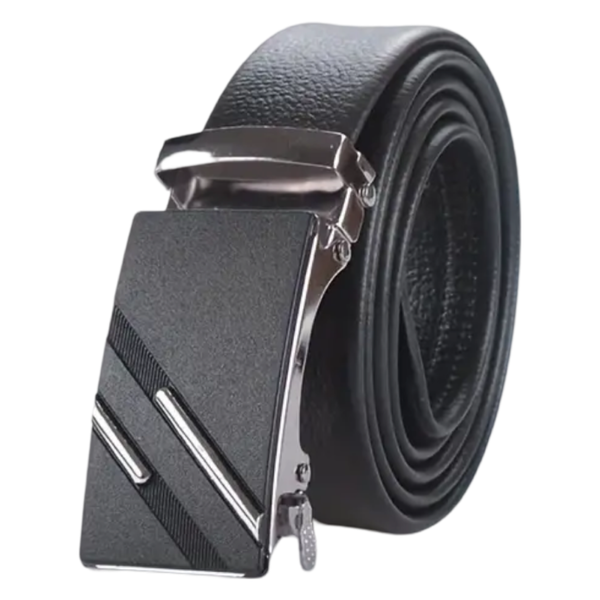 120cm Black Leather Ratchet Belt with 2 Slash Silver/Black Stripes Auto Buckle
