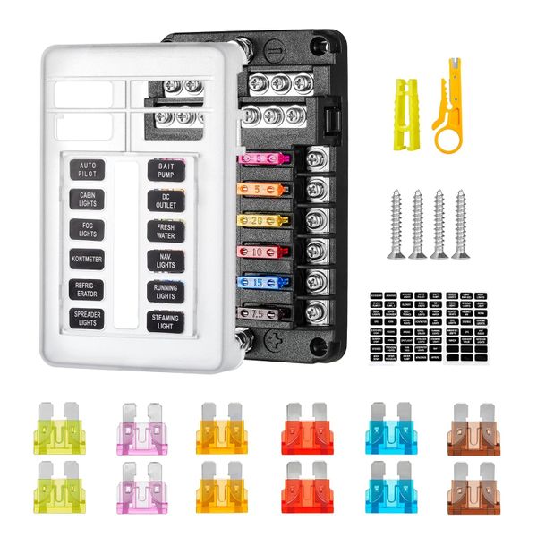 12 Way Blade Fuse Box, 12V/24V/32V Fuse Box with Negative Bus