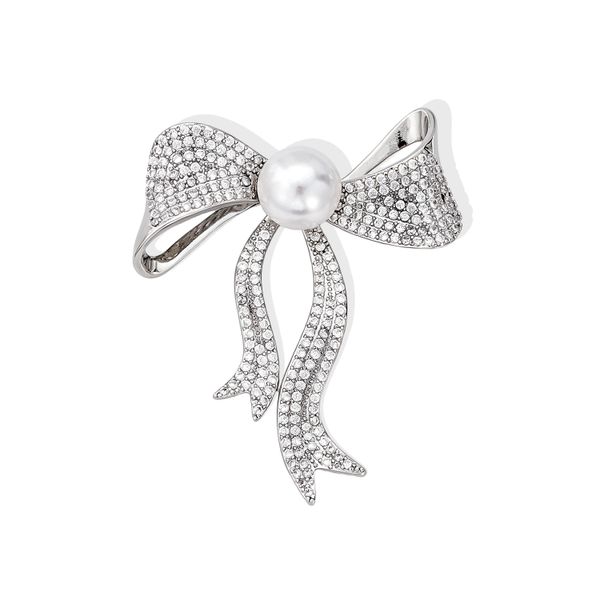 Silver Ribbon Pearl Brooch