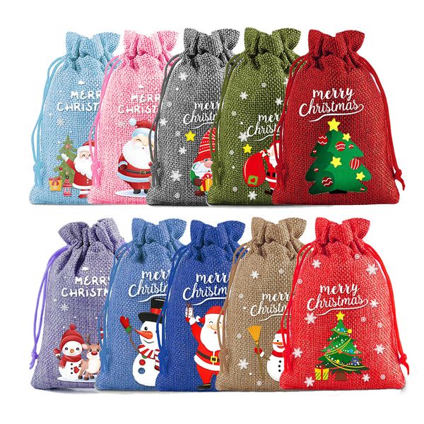 10 pcs Christmas Burlap Gift Bags MultiColorful Holiday Party Favors