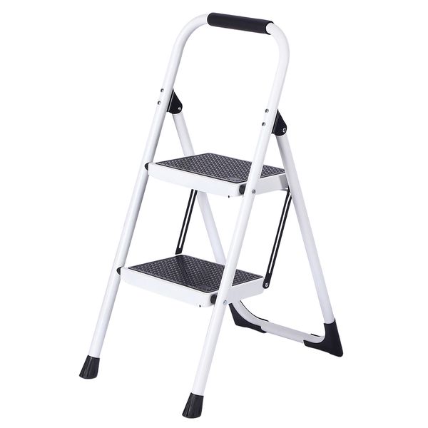 2 Step Ladder Step Stool with Handgrip and Wide Anti-Slip Platform White
