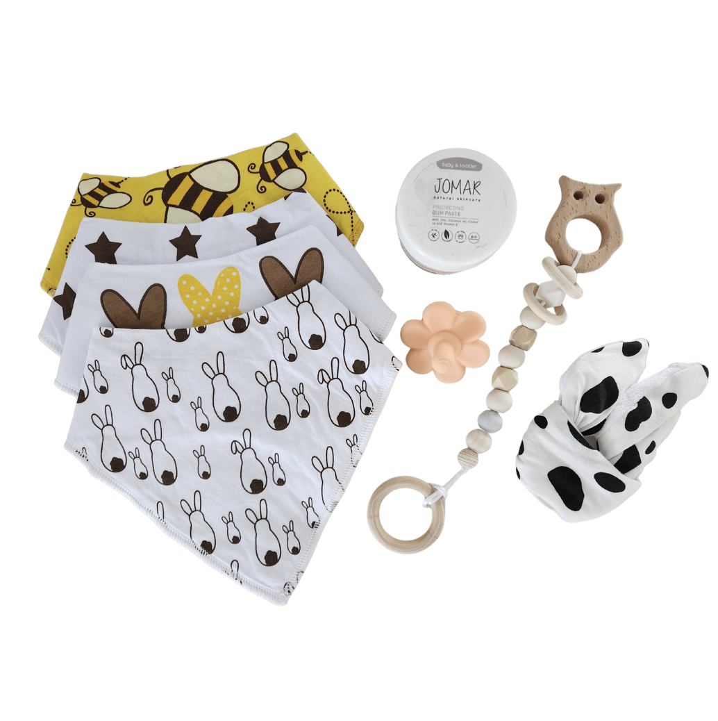 Baby Bandana Bibs, Wooden Teethers, Pacifier and Jomar Bum Paste Buy