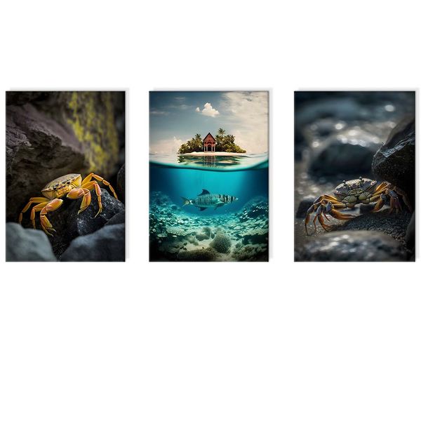 Canvas-Art-3 Pieces Mr Crabs Ocean Beach House Wall Art