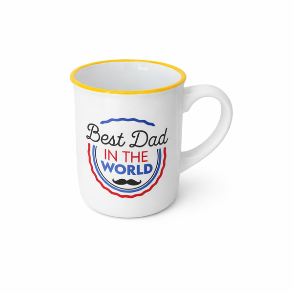 Ceramic Mug - "Best Dad in the World" (White with Yellow Rim)