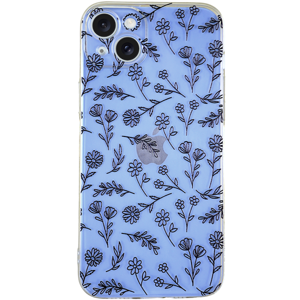 Clear - Phone Case with Long Black Flower Stems - Iphone 15 Plus