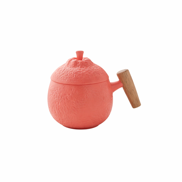 Ceramic Grapefruit Mug with Lid and Wooden Handle, Tea Coffee Cup