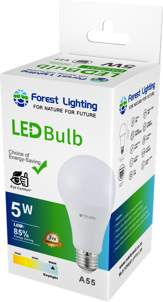 10* Forest Lighting LED A60 Bulb-5W-E27- Daylight-3Yrs Warranty(30000 Hrs)