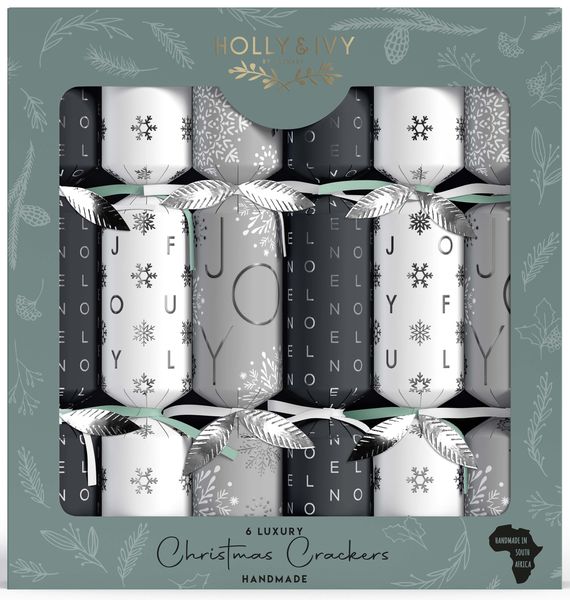 Holly &amp; Ivy Christmas Crackers - Luxury Silver Joy Noel