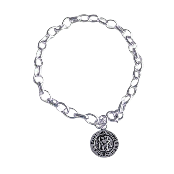 925 Sterling Silver Oval Link Bracelet with St Christopher Disc Charm