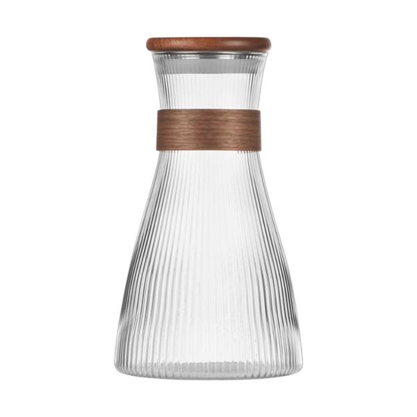 1.5L Nordic-Style Ribbed Glass Water Carafe with Wooden Lid - Transparewnt