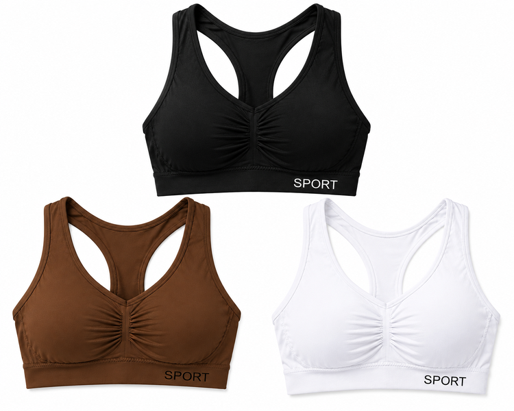 J J Seamless Sports Bra 3-Pack | Black, Brown &amp; White Racerback Activewear