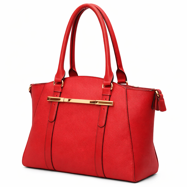 PU Leather Structured Handbag with Gold Bar Detail - Red or Beige