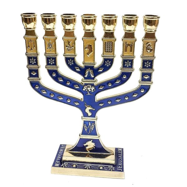 Home Décor Jewish Menorah Candle-Holder Menora Blue Enamel - 27.5cm