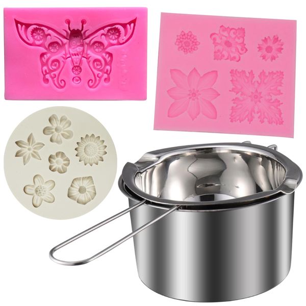 Kitchen 3 Piece Floral Silicone Chocolate Moulds With Double Boiler