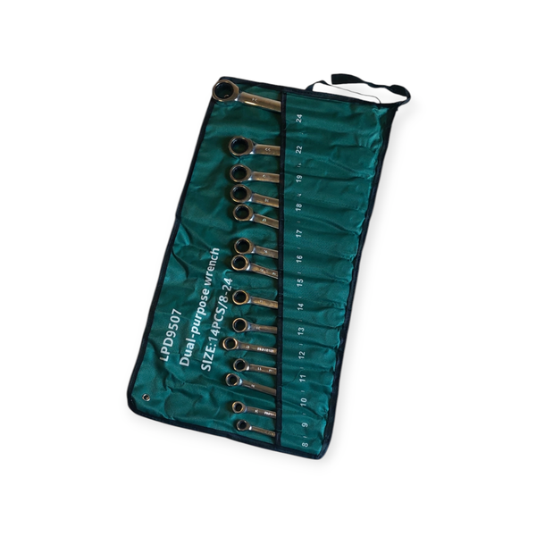 14PCs Chrome Vanadium Metric Ratchet Wrench Set W/ Roll-Up Storage Pouch