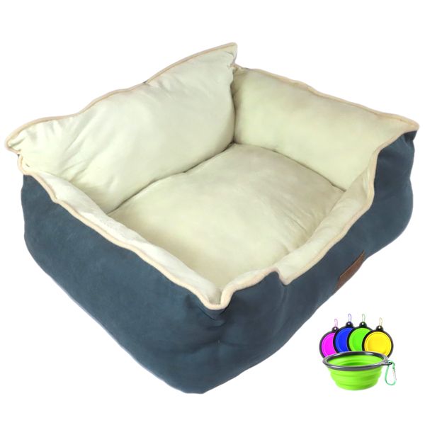Luxury Plush Pet Bed &amp; Portable Collapsible Travel Bowl Bundle - 60x50x15cm