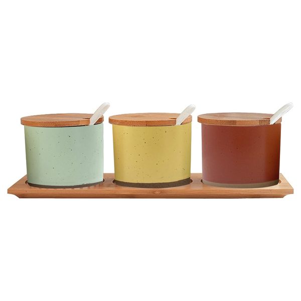 Kitchen Ceramic Seasoning Jar Set With Lid And Spoon - 10 Pieces Set