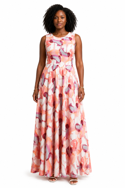 Women's Abstract Print Round Neck Maxi Dress - Sleeveless Casual Dress