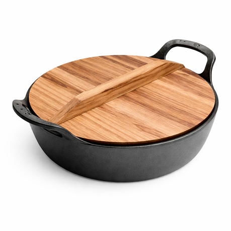 HY-391 Cast Iron 25 cm Cooking Pot with Wooden Lid Deep Skillet Image