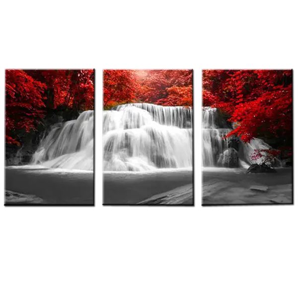 Canvas-Art-3 Pieces Black &amp; White Waterfall Red Leaves Landscape Wall Art