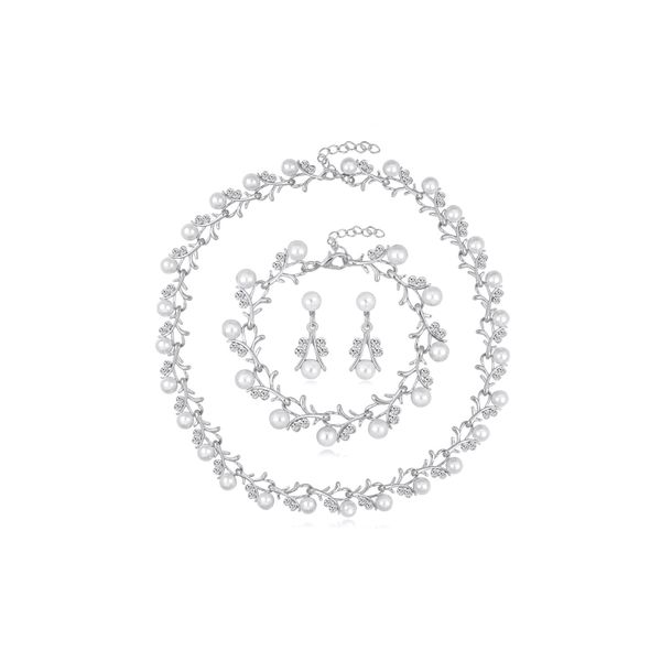 Pearl &amp; Rhinestone Jewelry Set | Adjustable Necklace Bracelet Earrings
