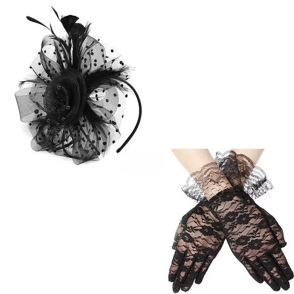 Fascinators Hat Veil Mesh Headband and Short Lace Gloves