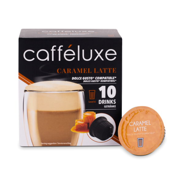 Caffeluxe Dolce Gusto Compatible Caramel Latte Coffee Capsules | 10 Box