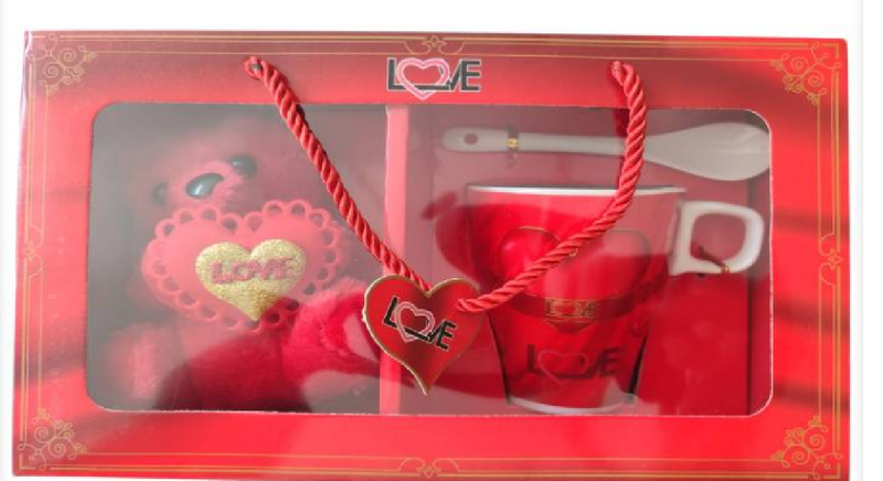 Valentine's Day Love Gift Set - Romantic Teddy Bear with Red Mug &amp; Spoon