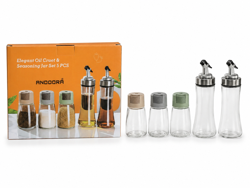 Elegant Oil Cruet &amp; Seasoning Jar Set 5 Piece