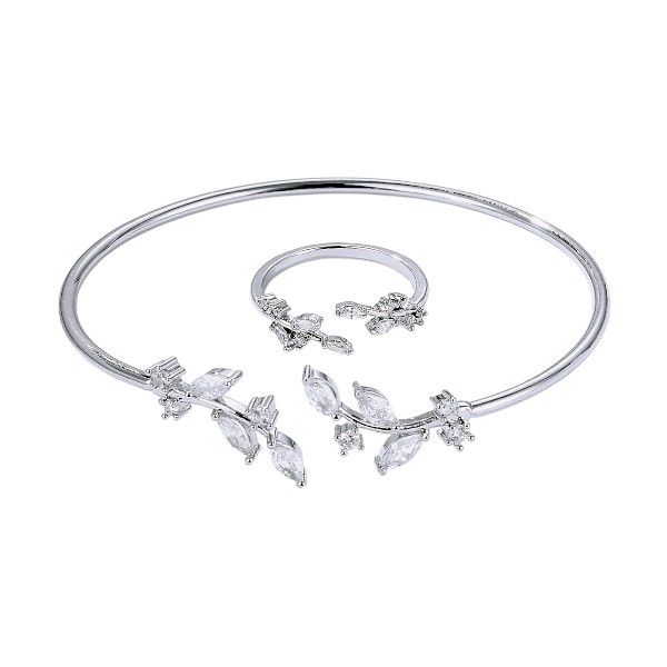 2 Piece - Cubic Zirconia Leaf Deatils Ring &amp; Bangle Set - Silver