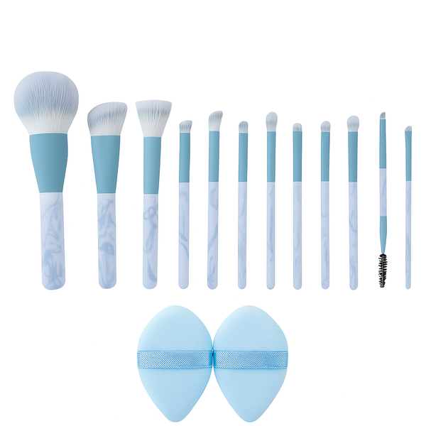 12 Piece - Deluxe Makeup Brush Set With 2 Powder Puffs - Multicolor